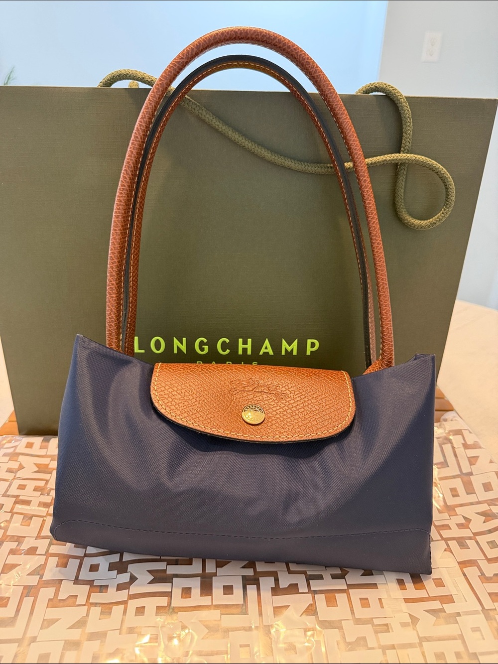 Longchamp Medium long handle Navy Shoulder Bag with Brown Leather Trim